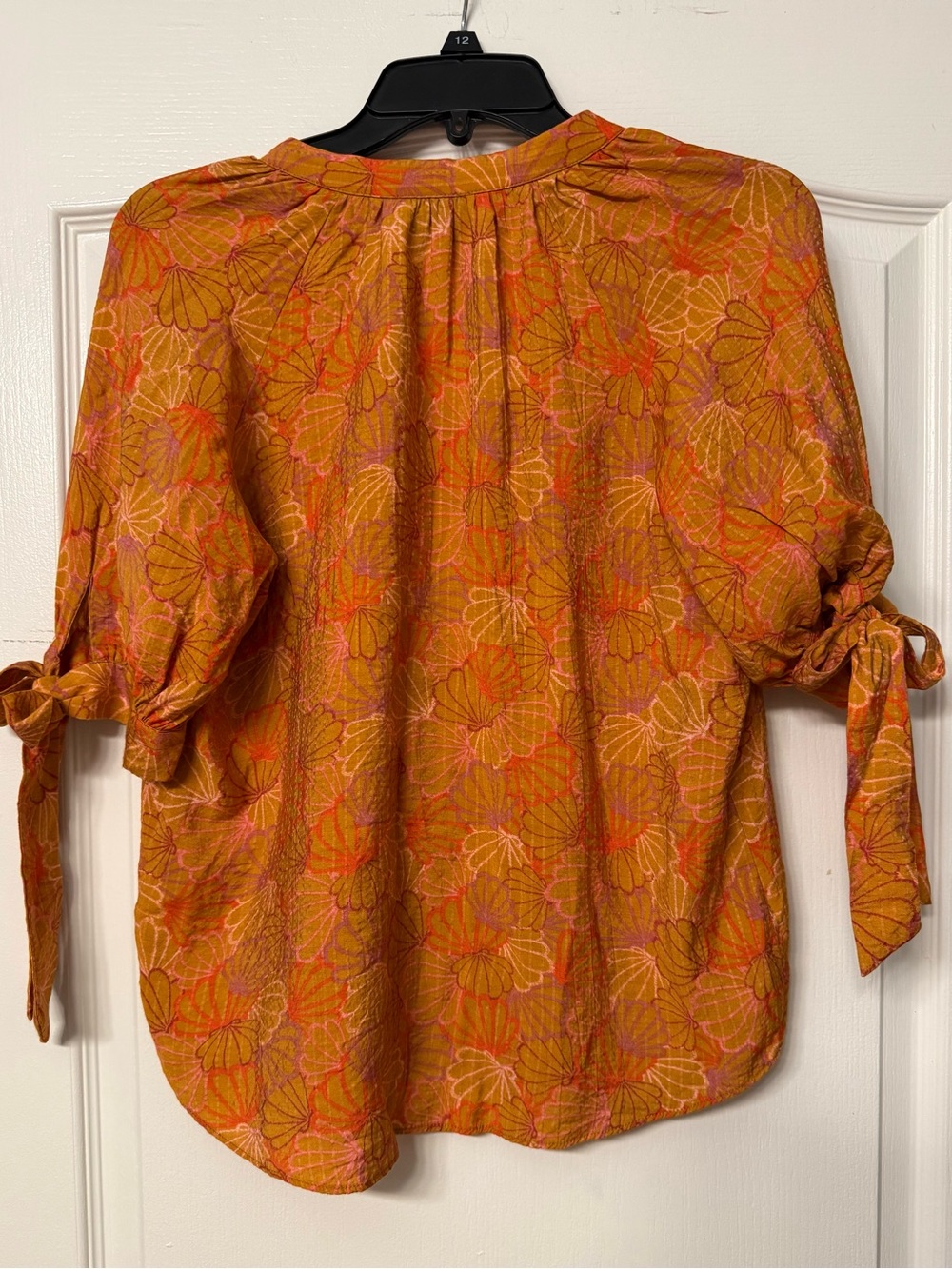 FRNCH Paris Blouse Small Tie Sleeve Button Front Shell Print Orange Pink Viscose - Picture 4 of 7